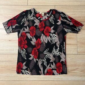 Vintage 90s Y2K Plisse’ Blouse • Black Red Tropical Hibiscus Floral Hawaiian
